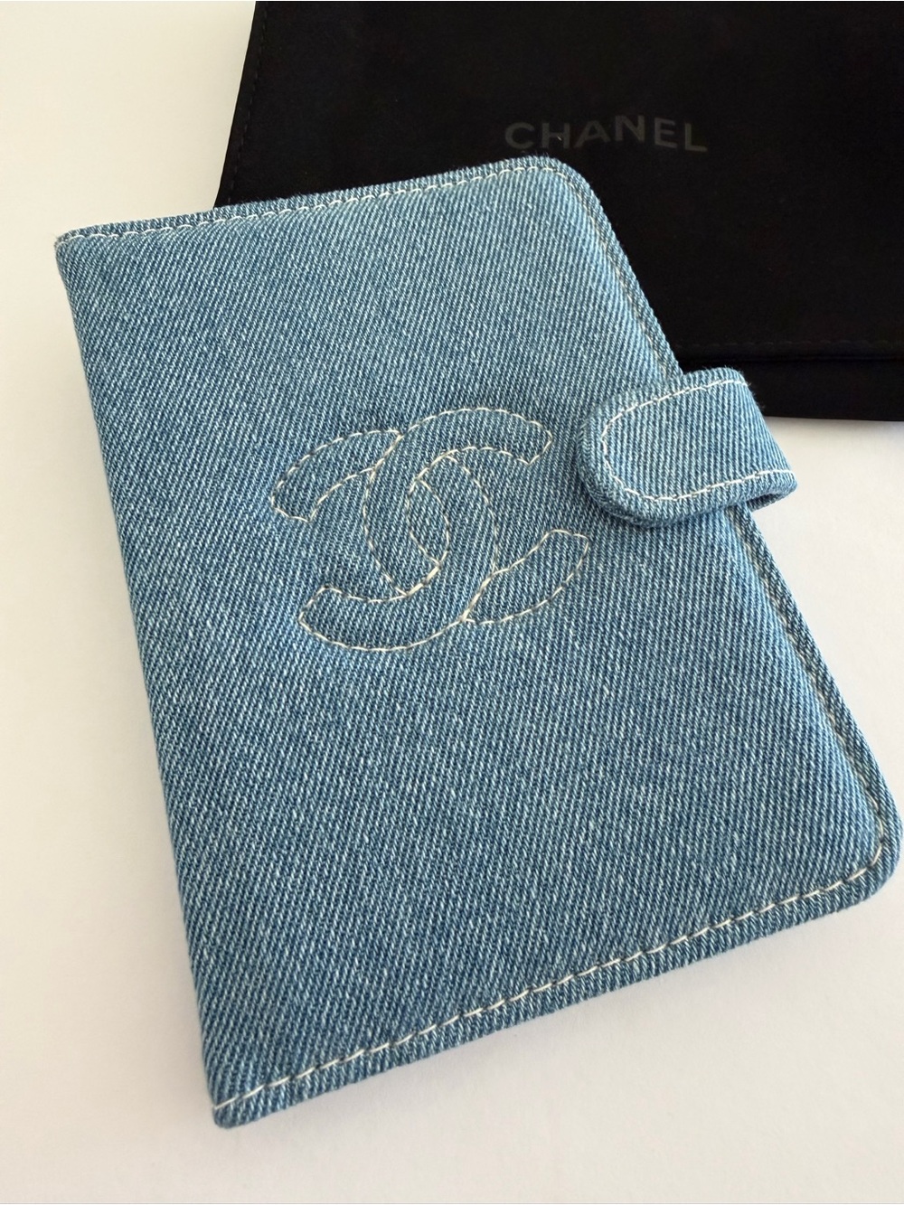New CHANEL Light Blue Denim passport holder CC Stitching